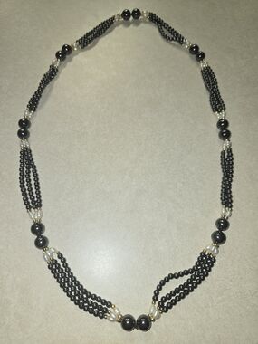 Hematite and Pearl Long Beaded Multi-Strand Necklace - Like New!